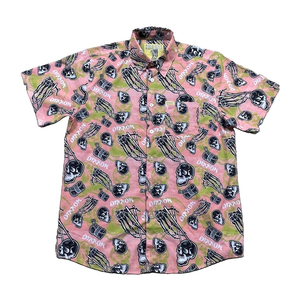 Dixxon Flannel Co Tuna Town Shirt Mens L Pink Skulls Party SS Sushi Psychobilly